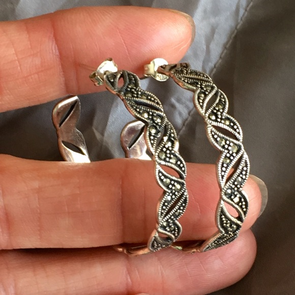 Sterling Silver Marcasite Hoop Pierced Earrings - Picture 7 of 9